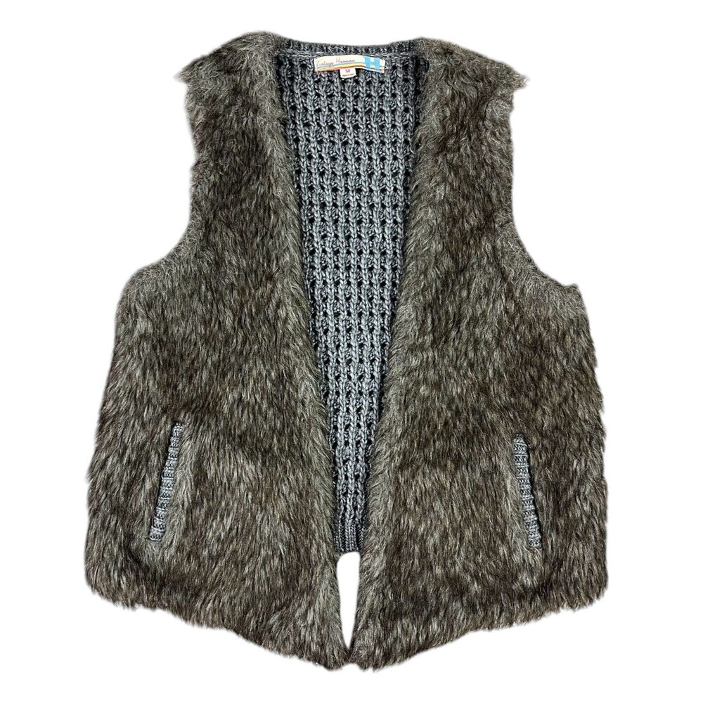 Vintage Havana Gray Faux Fur & Crochet Vest  Size M  Boho Indie Festival